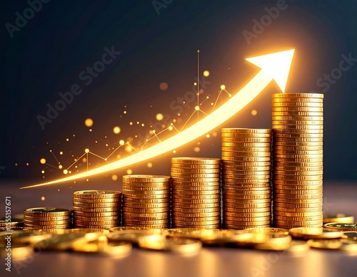 Stacked gold coins with an upward arrow symbolizing financial growth, investment profit, economic success, and wealth accumulation