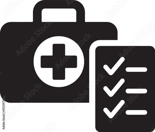 Silhouette first aid box with checklist icon representing emergency medical supplies and health preparedness.