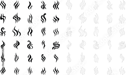 Aromas vaporize icon set trendy flat hand drawn line comic doodle. Smells vector, hot aroma air fragrance , stink or cooking steam symbols, smelling vapor, smoking or odors. cloud or wind silhouette.