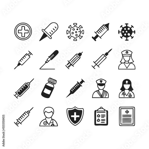 Vaccination and Immunization Icons Collection | Thin Line Editable Stroke Vector Set | Syringe, Vaccine Bottle, Antibody, Virus Prevention, Immunity, Medical Protection, and Health Care Symbols