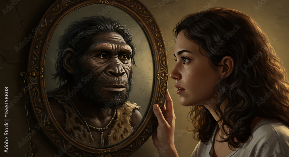 Naklejka premium A woman looking into a mirror reflecting an early human ancestor with a serious expression
