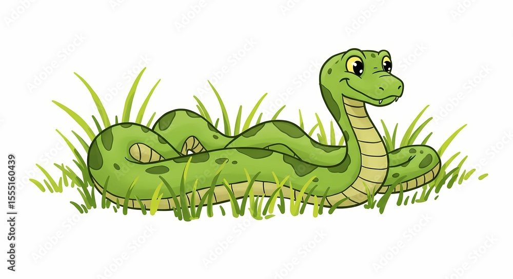 Fototapeta premium Cartoon Green Snake Lying in Grass with Happy Expression in Outdoor Setting