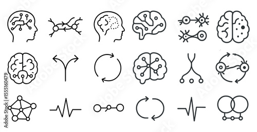 Series of brain icons with arrows and lines connecting them. The icons are all different shapes and sizes, but they all have a similar theme of the brain and its functions. Scene is one of curiosity