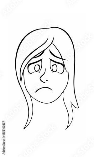 Handdrawn continous line of a sad woman's face with downcast eyes downturned mouth on