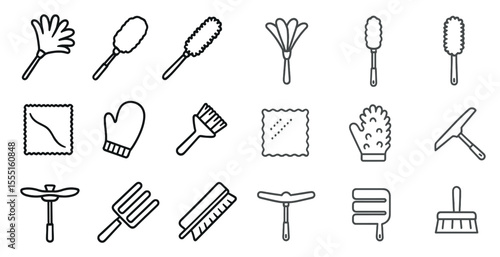 Collection of cleaning tools and supplies. The image is a collection of various cleaning tools and supplies, including a broom, a mop, a brush, and a rag. Concept of cleanliness and organization