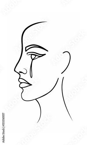 Continous line drawing of a woman's profile with a tear on background face crying