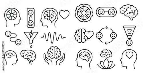 Collection of brain icons, including a smiling face, a frowning face, and a heart