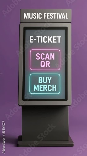 A vertical video, e-ticket kiosk for a music festival shows “Scan QR” and “Buy Merch” neon buttons. Concept of event convenience.