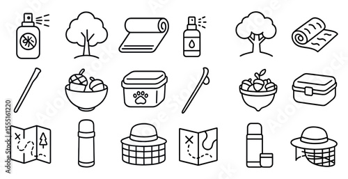 Collection of items that are related to outdoor activities. The items include a bottle of sunscreen, a hat, a book, a bottle of water, a bottle of lotion, a bottle of insect repellent