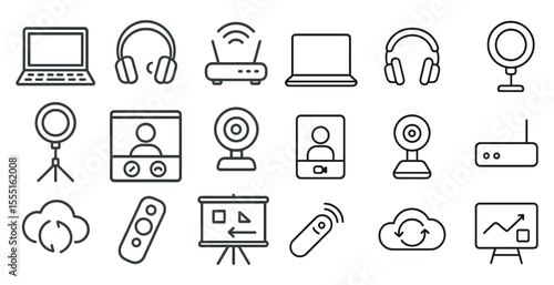 Collection of icons for various electronic devices, including a laptop, remote, and camera. The icons are all in black and white, giving them a minimalist and modern look. Scene is one of technology