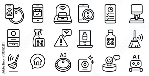 Collection of icons for smart home devices. The icons include a robot, a robot with a broom, a robot with a vacuum, a robot with a mop, a robot with a spray bottle, a robot with a remote