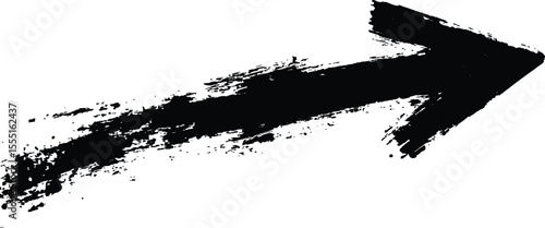 Black arrow painted with splashes isolated on white background. Black arrow marker isolated with a hand-drawn effect on a white background. 