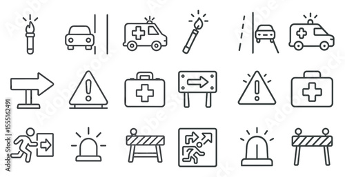 Set of icons for various emergency situations, including a red cross, a fire hydrant, and a police car