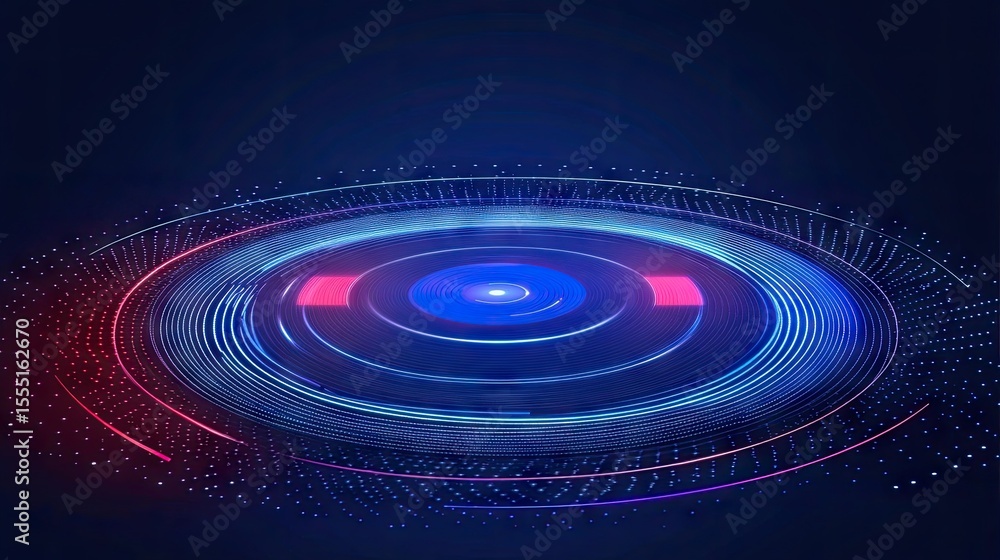 Fototapeta premium Abstract digital design with concentric circles and glowing lines.