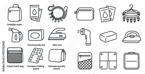 Set of icons for travel items, including a suitcase, a travel mesh bag, a toiletry bag, and a travel iron