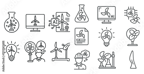 Series of icons depicting various aspects of technology and science. The icons include a man with a fan, a computer, a fan, a man with a fan, a man with a fan, a man with a fan