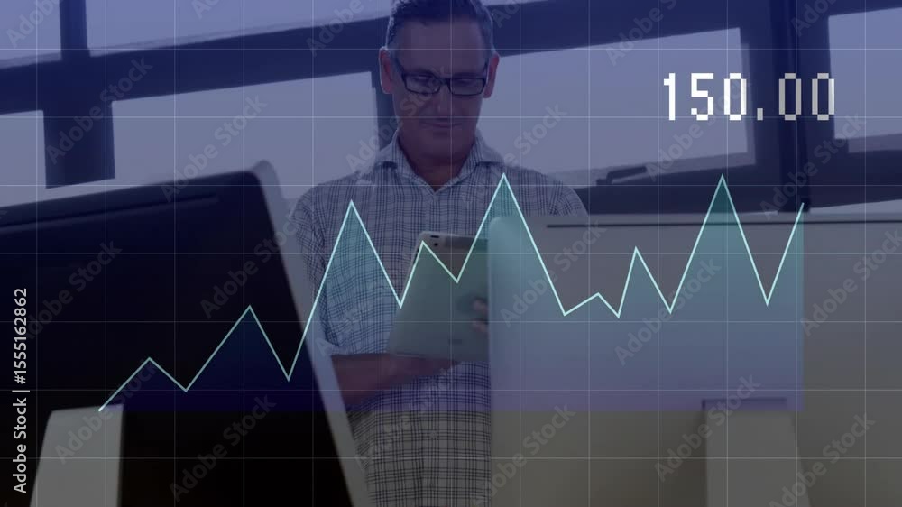 Man at desk holding tablet, watching graph overlay updating finance data before touching screen Man at desk holding tablet, watching graph overlay updating finance data before touching screen