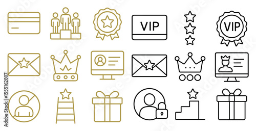 Set of icons for a VIP program. The icons include a credit card, a computer, a keyboard, a mouse, a person, a crown, a box, a star, a person with a key, a person with a box