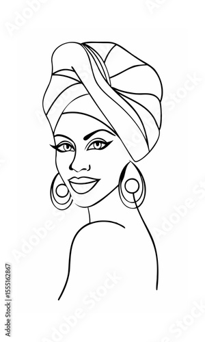 Continous line drawing of a woman wearing a turban large hoop earrings smiling face