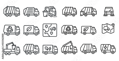 Series of black and white icons of trucks and cars, including garbage trucks, dump trucks, and cars