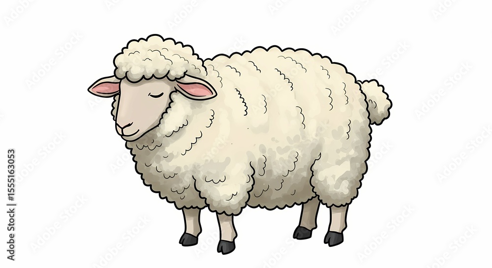 Obraz premium Cute Cartoon Sheep Standing on White Background with Fluffy Wool and Pink Ears