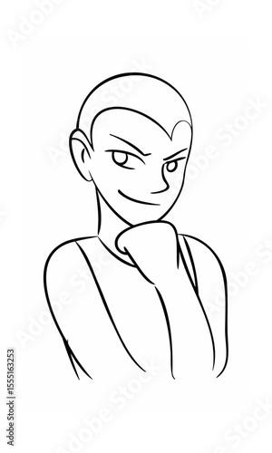 Handdrawn of a person with a smirk resting chin on hand continous line art face head