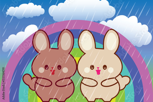 Two adorable Rabbits Under A Rainbow In The Rain