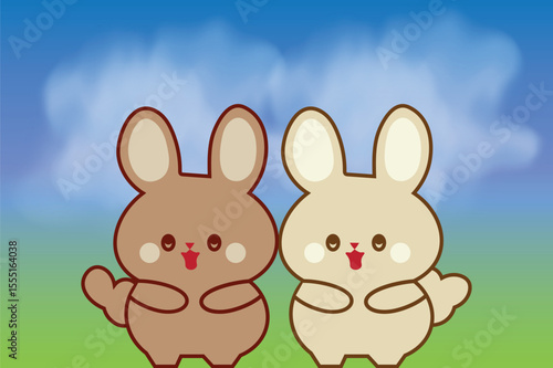 Two Adorable Cartoon Bunnies Smiling In A Meadow