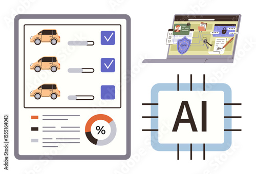 Tablet with car selection panel, laptop with cybersecurity symbols, and AI chip. Ideal for technology, AI, cybersecurity, data analysis, automation vehicle service innovation. Simple flat metaphor