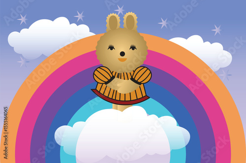 A Cute Bunny Floating On A Cloud Over A Rainbow