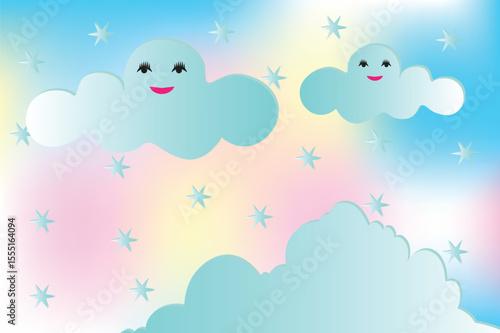 Smiling Clouds And Sparking Stars In A Pastel Sky