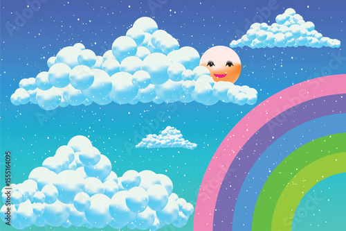 Smiling Sun And Clouds In Rainbows Sky