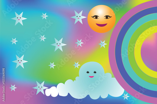 Happy Sky With Stars Rainbow And Smiling Sun