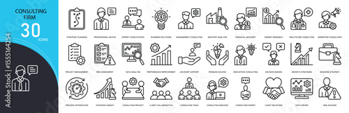 Consulting firm related icon collections. Containing meeting, strategy, advisor, solution, report, expert, teamwork, business, guide, and planning icons. Outline icons.
