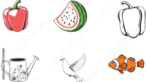 A collage of a red pepper, watermelon slice, white pepper, watering can, dove, and clownfish art illustration vector set collection