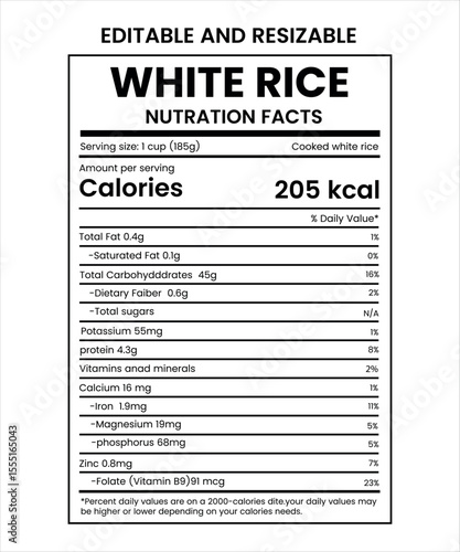  white rice Nutraition Facts ,Nutrition Facts Label supplement Facts,  Nutrition label ,Modern vector web page template design with business website layout, internet navigation menu, and card symbols 