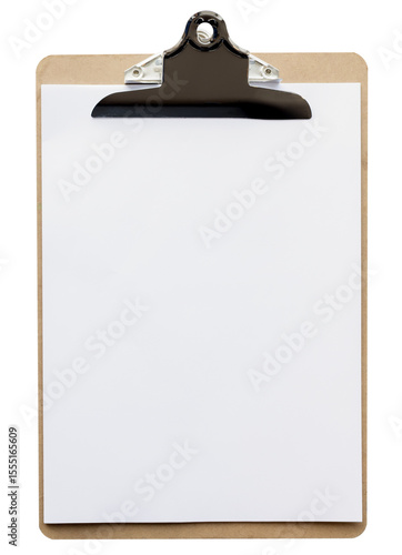 Wooden Displays physical clipboard with clip at the top for holding white blank paper isolated on white background, top view.