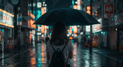 Rainy Night in the City A Woman Walking Alone Under an Umbrella