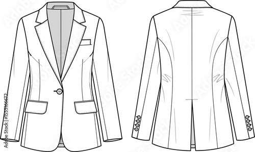 Women’s blazer fashion flat sketch, tailored jacket front and back, vector fashion cad template, technical drawing for apparel design, stylish outerwear illustration