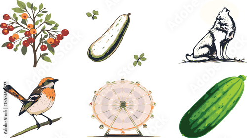 A collage featuring a berry bush, cucumbers, a wolf, a bird, and a ferris wheel illustration illustration vector set collection