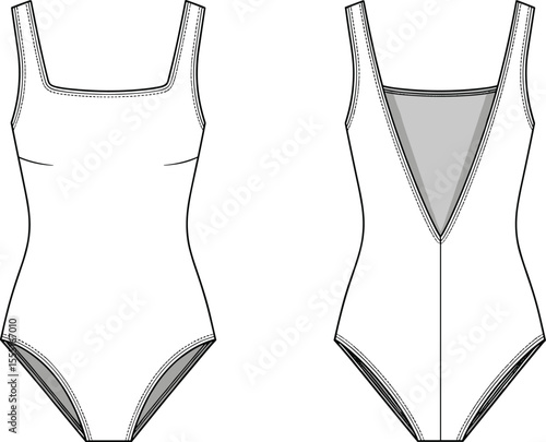 Square neck one-piece swimsuit flat sketch, technical fashion cad drawing, back deep V mesh design, vector template for fashion designers and swimwear illustration
