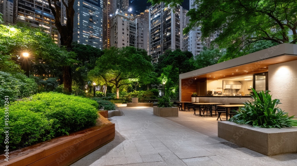 Fototapeta premium Illuminated glass building in Hong Kong city center features an outdoor food court and modern architecture amidst high-rise structures