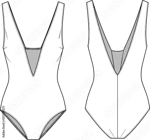 Deep V-neck swimsuit flat sketch, one-piece swimwear front back vector, fashion technical drawing for designers, cad template for apparel design and illustration
