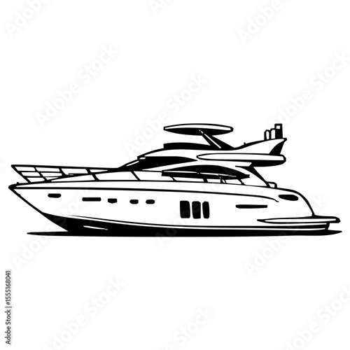 Contemporary Flat Design Vector Illustration of a Stylish Yacht with Bold Black Outlines on a Pristine White Backdrop Emphasizing Icon Aesthetic