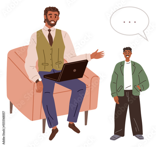 Two individuals communicating, one seated with a laptop and gesturing, the other standing and listening. Ideal for mentorship, counseling, education, career guidance, relationship building, teamwork