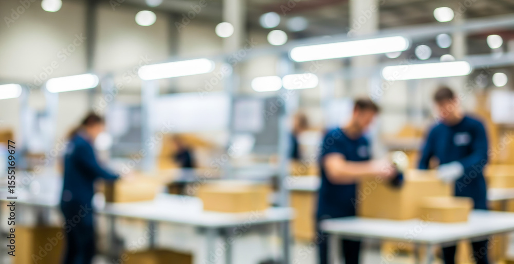 Fototapeta premium People working in a blurred warehouse setting packing boxes at tables.