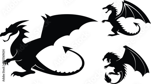Set of 8–10 mythical dragon silhouettes in black vector format, showing different fantasy styles, flying poses, and fire-breathing stances — great for fantasy SVG packs and gamer merch