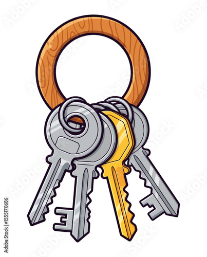 Wooden Keyring with Bunch of Keys Vector Illustration Isolated. Keychains with Keys