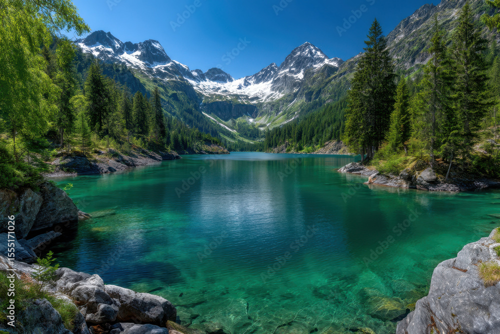 Obraz premium Majestic mountain landscape featuring a serene turquoise lake surrounded by lush greenery