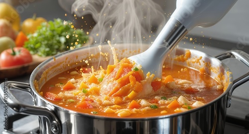 Immersion Blender Mixing Homemade Vegetable Soup in Stainless Steel Pot